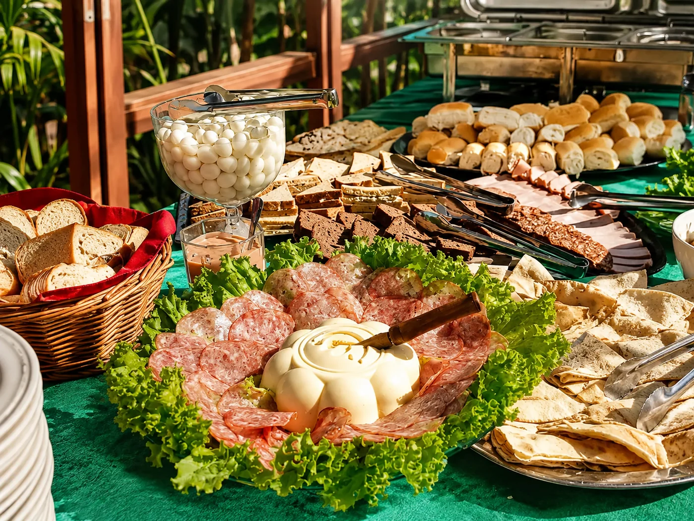 Mesa de coffee break com frios, pães e acompanhamentos