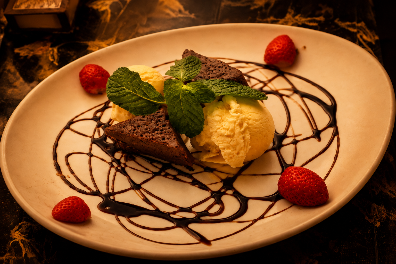 Sobremesa com chocolate, sorvete e morangos servida no Olicio's